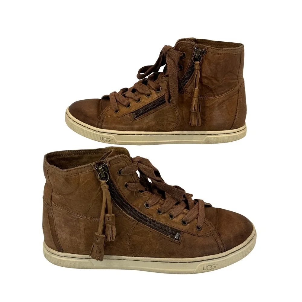UGG Blaney Brown Leather High Top Sneakers Tassel Side Zip Womens Size 7.5 Shoes